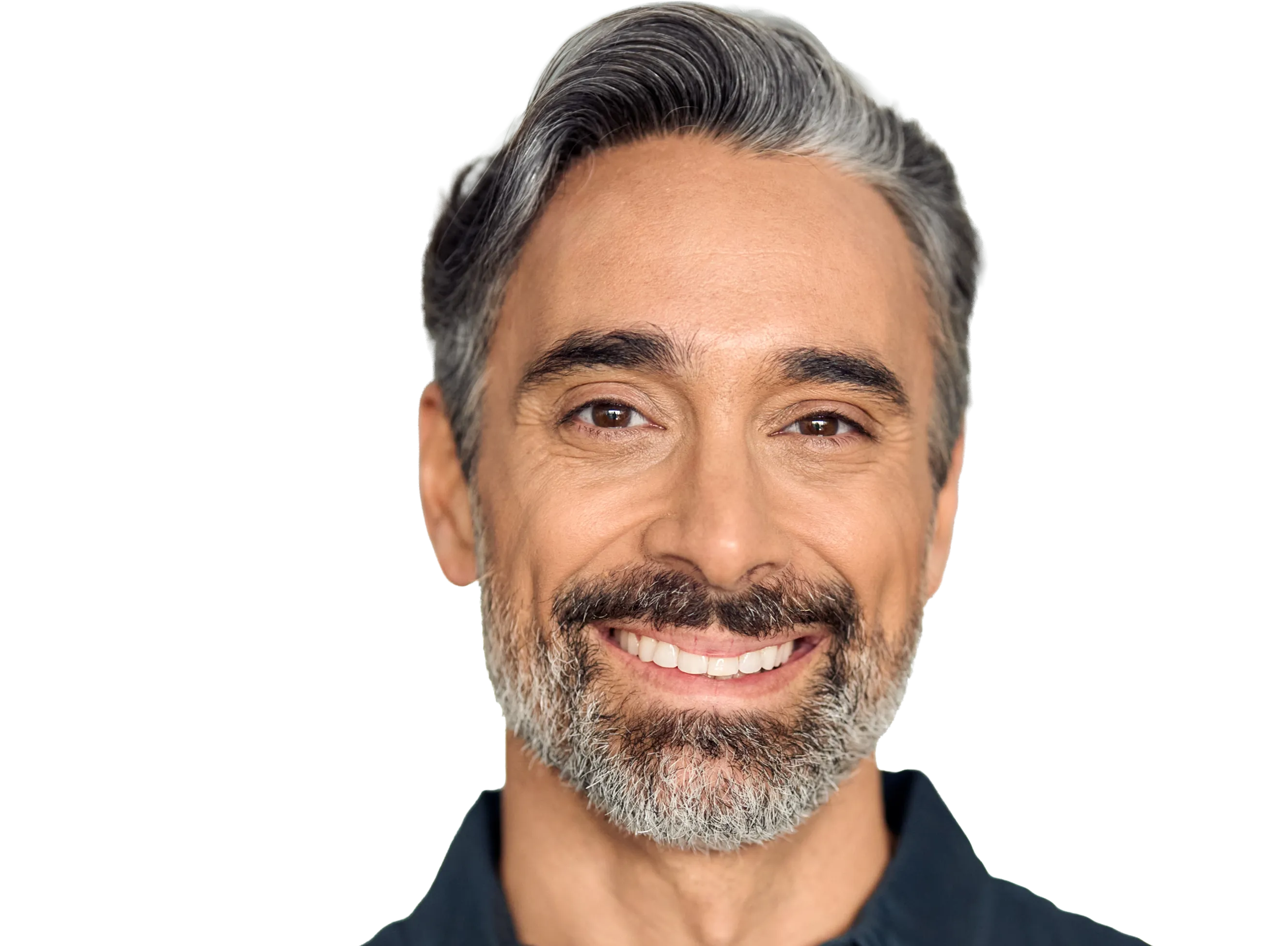 Middle-aged man with salt-and-pepper hair and beard smiling against a black background.