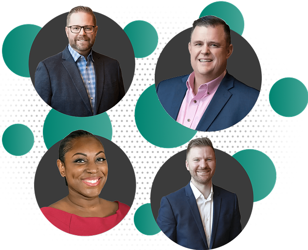 Portraits of four smiling professionals in circular frames with teal and black dotted background.