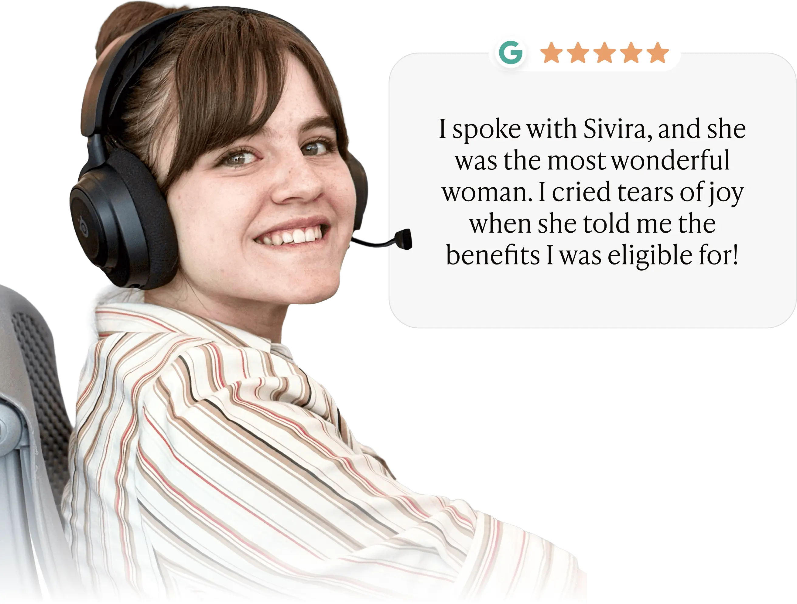 Smiling woman wearing a headset with a microphone, accompanied by a testimonial praising Sivira for explaining benefits eligibility.