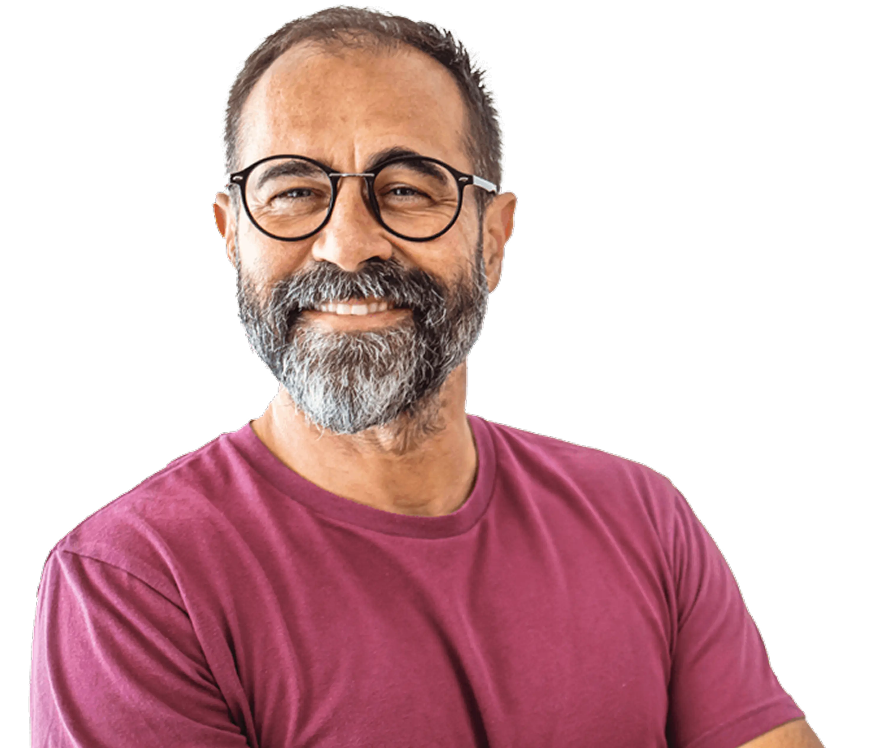 Smiling middle-aged man with a beard and glasses wearing a maroon t-shirt.