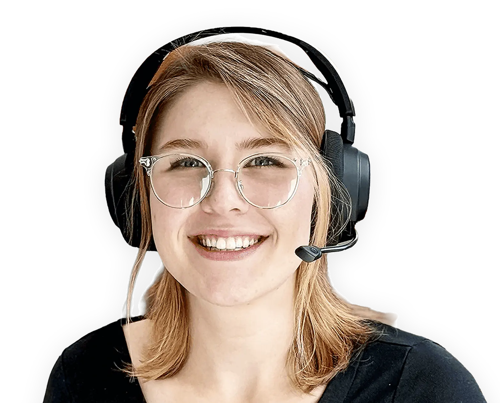 Smiling young woman with glasses and headset, wearing a black top.