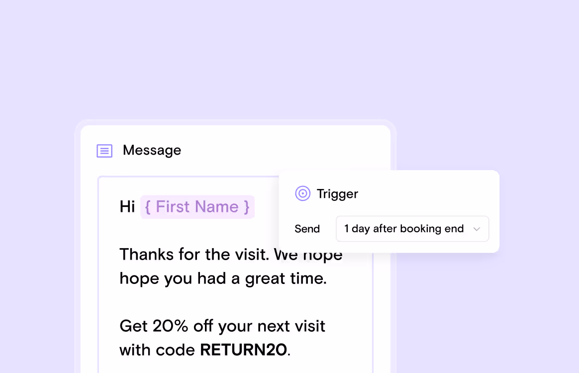 Message template showing personalized greeting with placeholder for first name, a thank you note, and 20% off discount code RETURN20 with a trigger set to send 1 day after booking end.