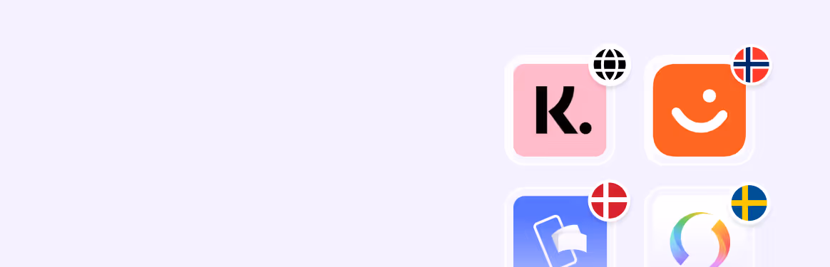 Four app icons each with different country flags: pink K. icon with a globe symbol, orange smiley face with Norwegian flag, blue hand holding paper with Danish flag, and colorful circular swoosh with Swedish flag.