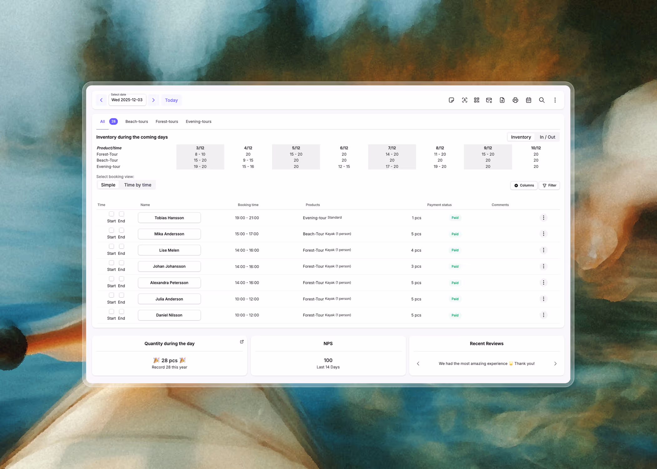 User interface showing a booking manifest with inventory, booking details, payment status, and recent reviews for tours including forest, beach, and evening options.