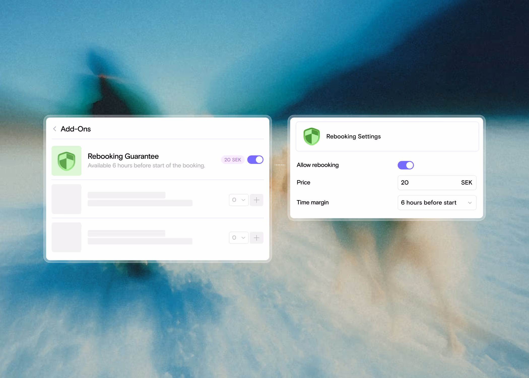 User interface showing rebooking guarantee add-on with settings including allow rebooking toggle, price set to 20 SEK, and time margin of 6 hours before start.