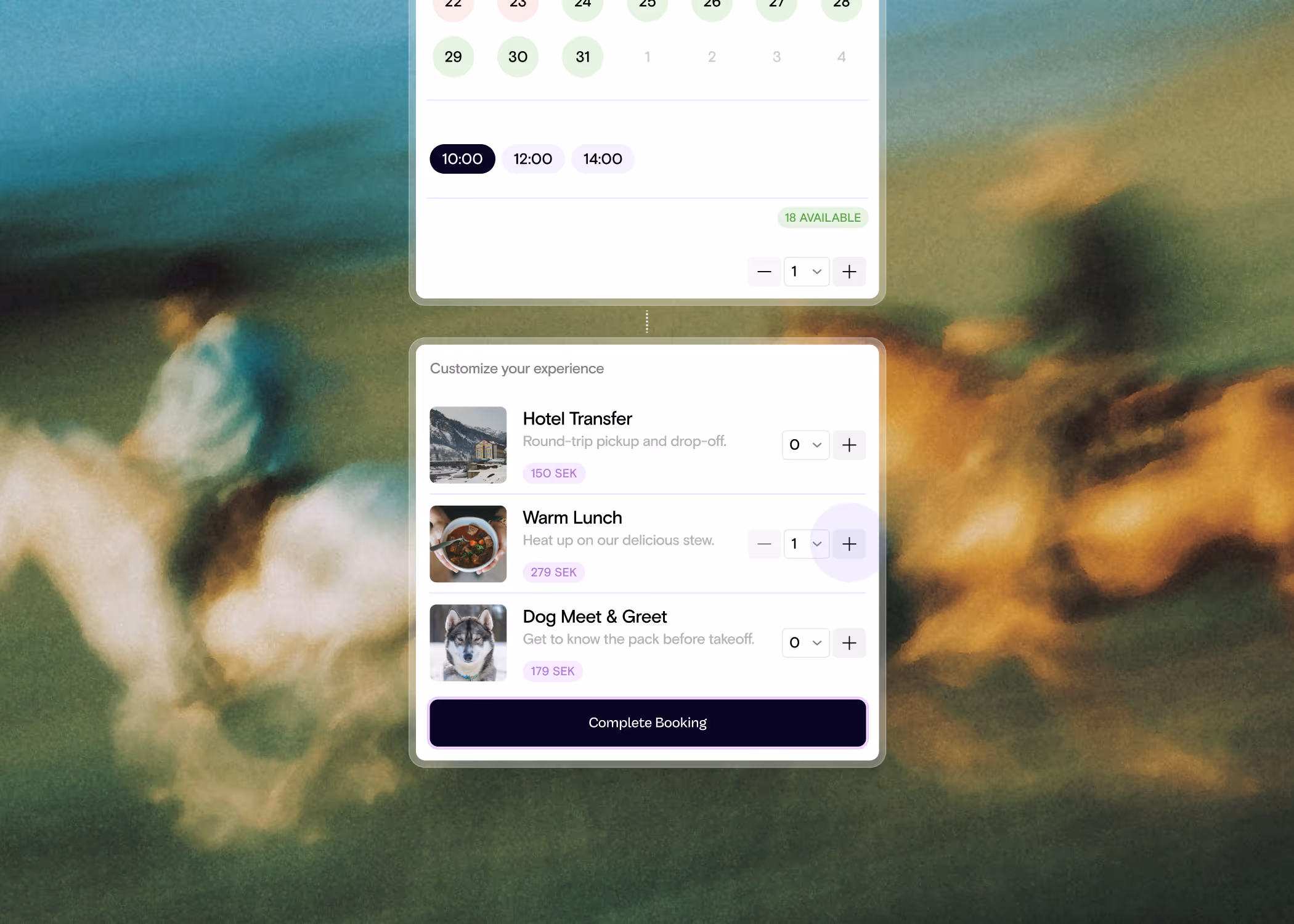 Booking interface showing a calendar, time slots, and options to customize experience with hotel transfer, warm lunch, and dog meet & greet services.