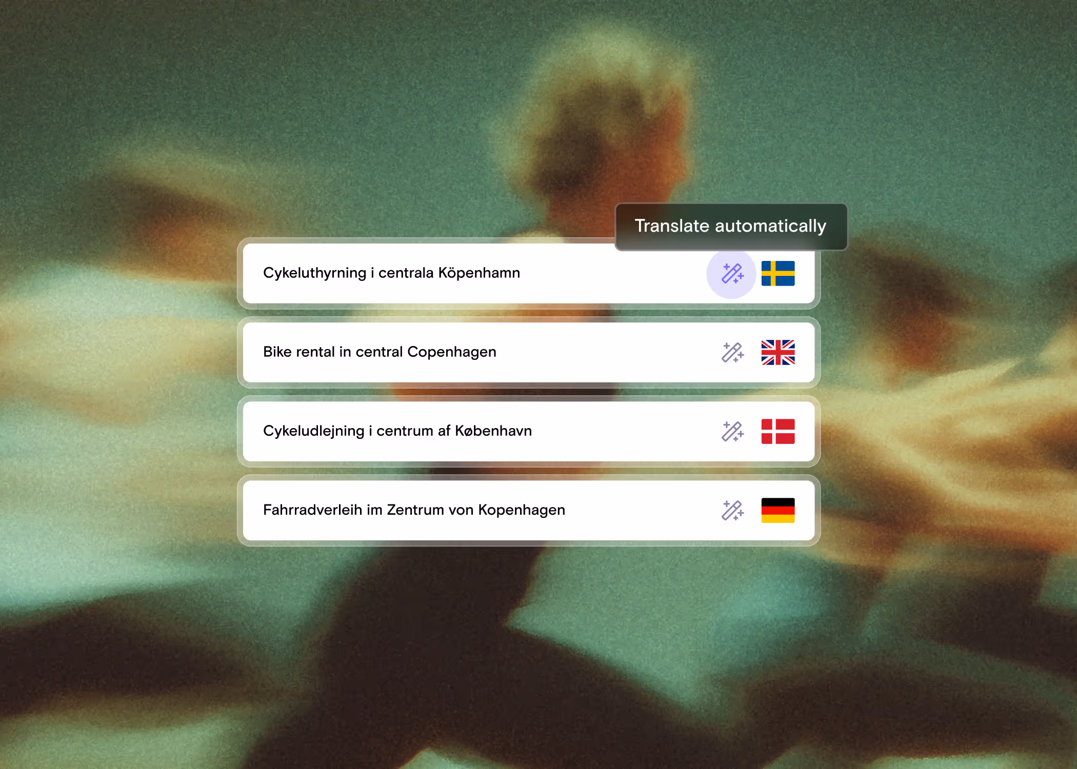 Blurred image of people riding bikes in the background with text boxes showing 'Bike rental in central Copenhagen' translated into Swedish, English, Danish, and German.