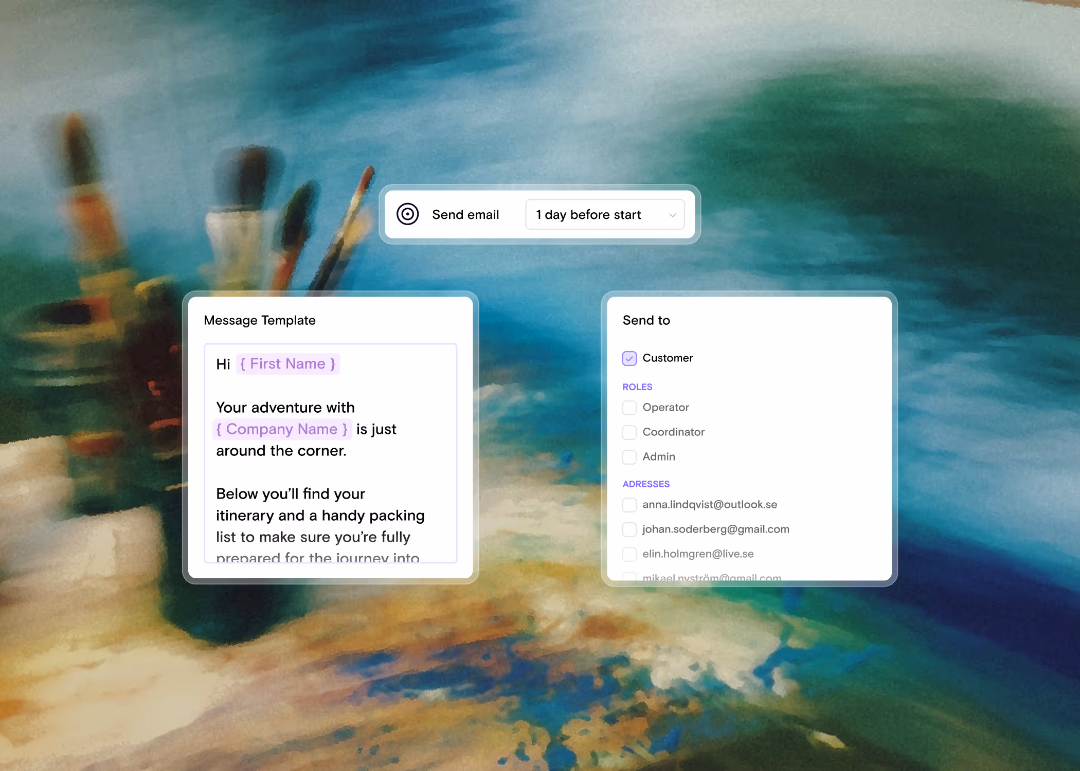 User interface showing email message template with placeholders for first name and company name, options to send email one day before start, and recipient role selection with 'Customer' checked.