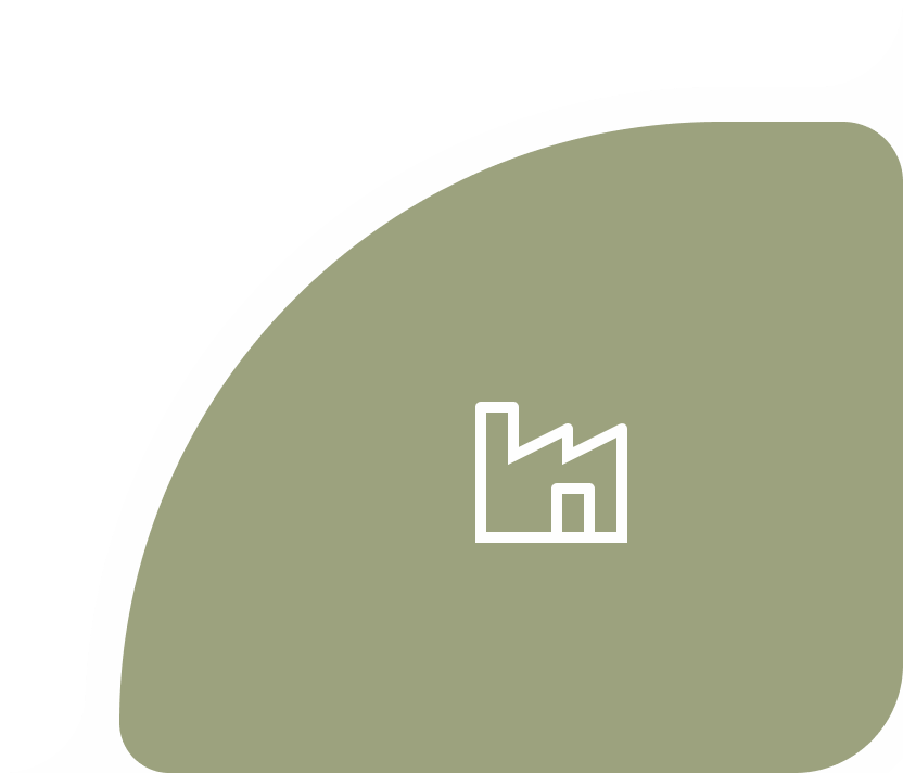 White factory icon with a stepped roof and door on a rounded green-gray background with a white border and curved top right corner.