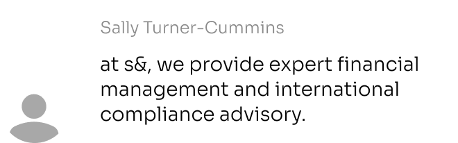 Text message from Sally Turner-Cummins stating, 'at s&, we provide expert financial management and international compliance advisory.'