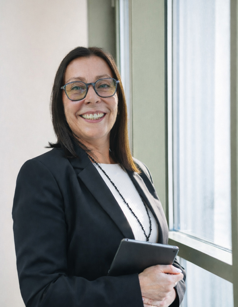 Smiling middle-aged woman with glasses in a black blazer holding a tablet near a window.