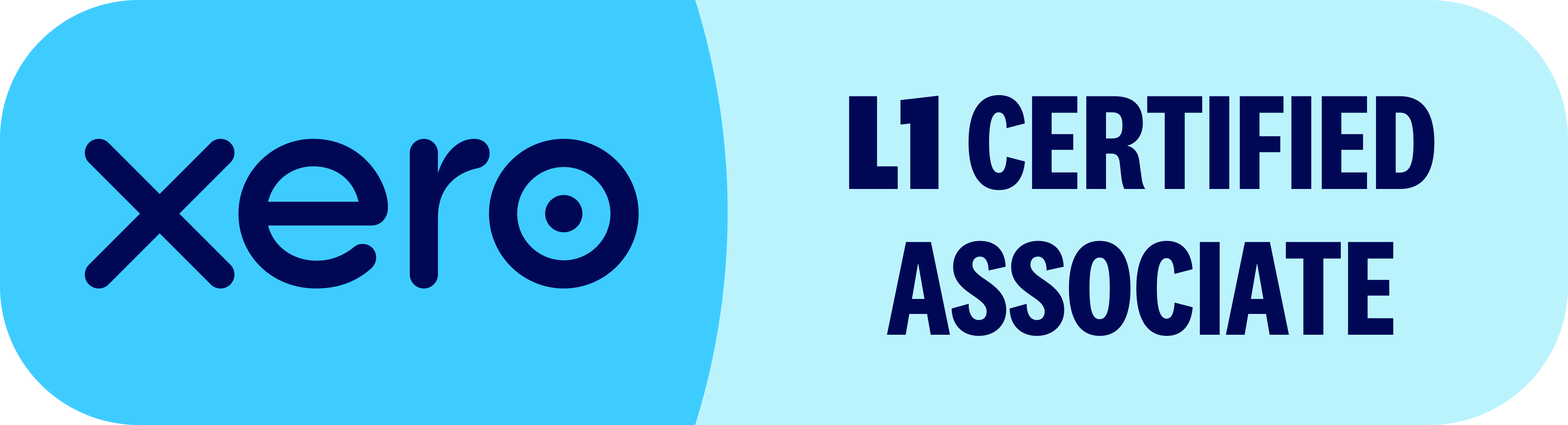 Xero logo next to text reading L1 Certified Associate on a split blue background.