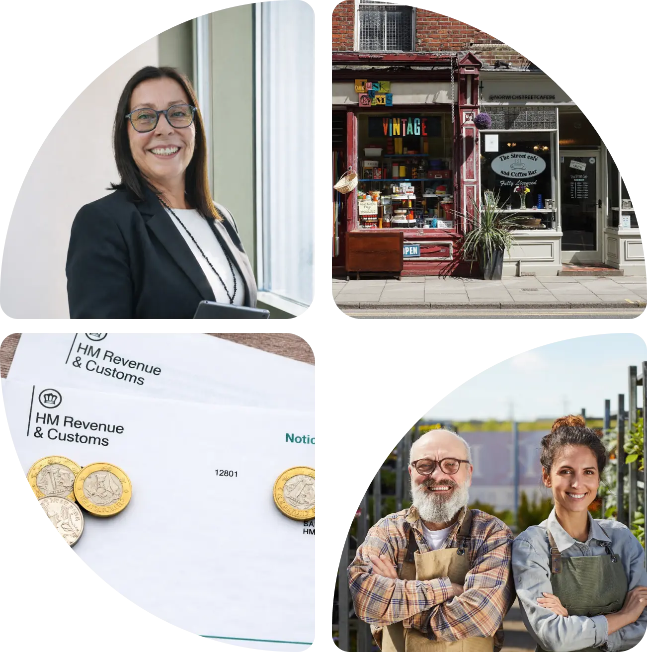 Collage showing a smiling businesswoman with glasses, a vintage store front, HM Revenue & Customs letters with British coins, and two smiling gardeners standing with arms crossed.