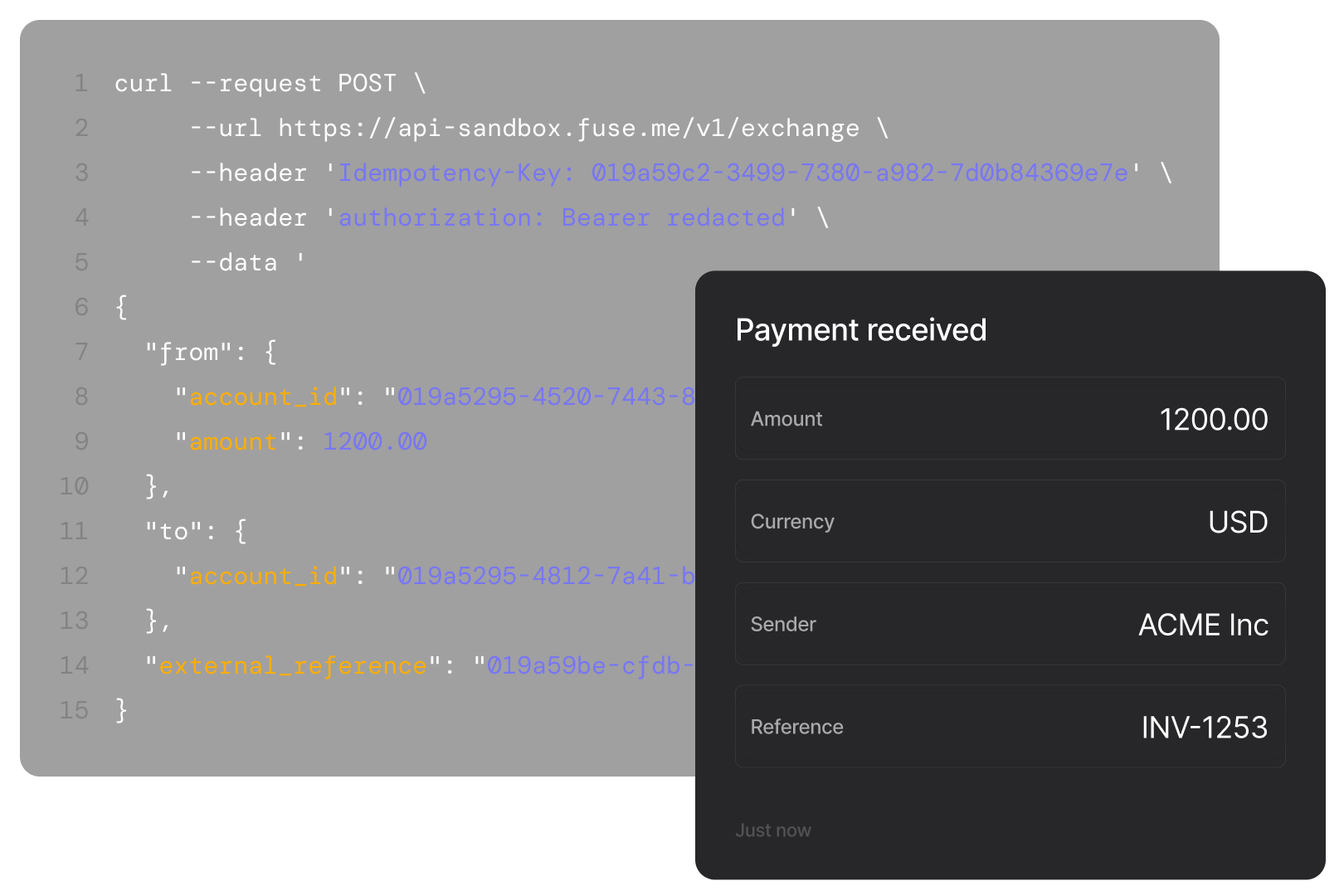 Code snippet showing a curl POST request to an API with JSON data specifying transfer from one account to another for 1200 USD, next to a payment confirmation panel displaying amount 1200.00 USD, sender ACME Inc, and reference INV-1253.