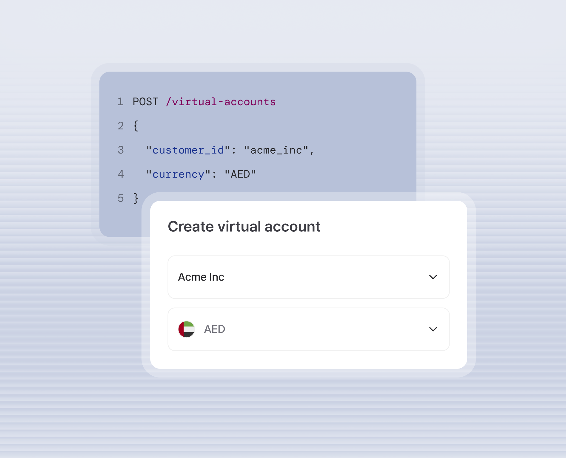 User interface showing a code snippet for creating virtual accounts via POST request with customer_id 'acme_inc' and currency 'AED', alongside a form labeled 'Create virtual account' with dropdowns for selecting company 'Acme Inc' and currency AED with UAE flag.