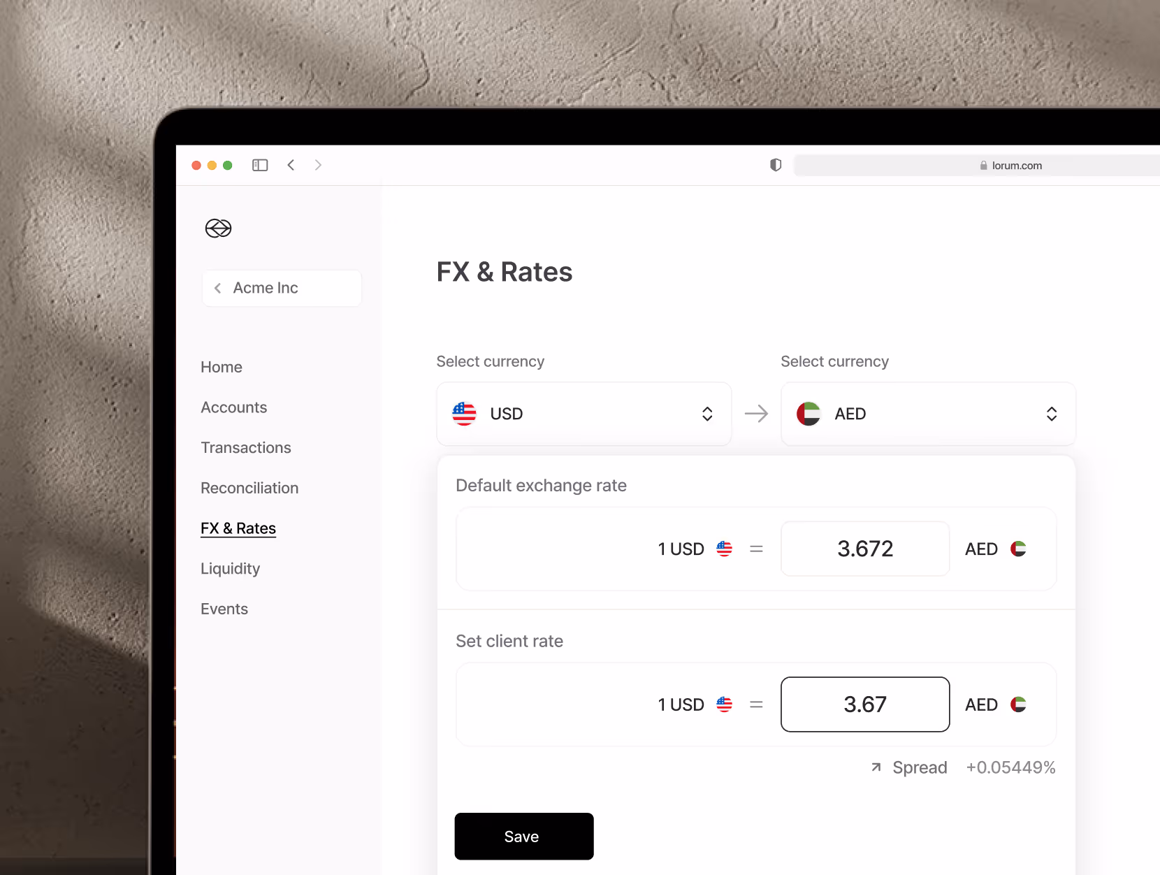 FX & Rates settings screen showing USD to AED currency exchange with default rate 3.672 and client rate 3.67.