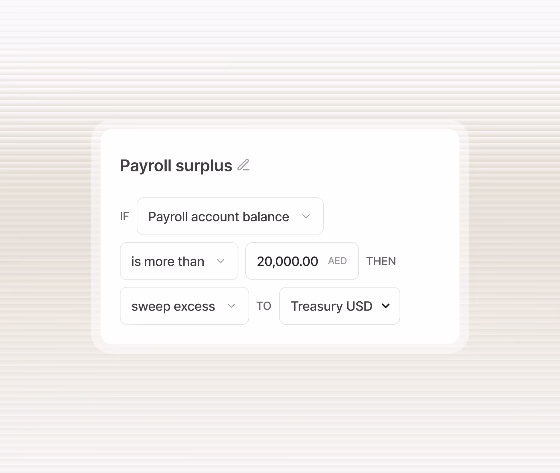 Interface showing a payroll surplus rule: if payroll account balance is more than 20,000 AED, then sweep excess to Treasury USD.