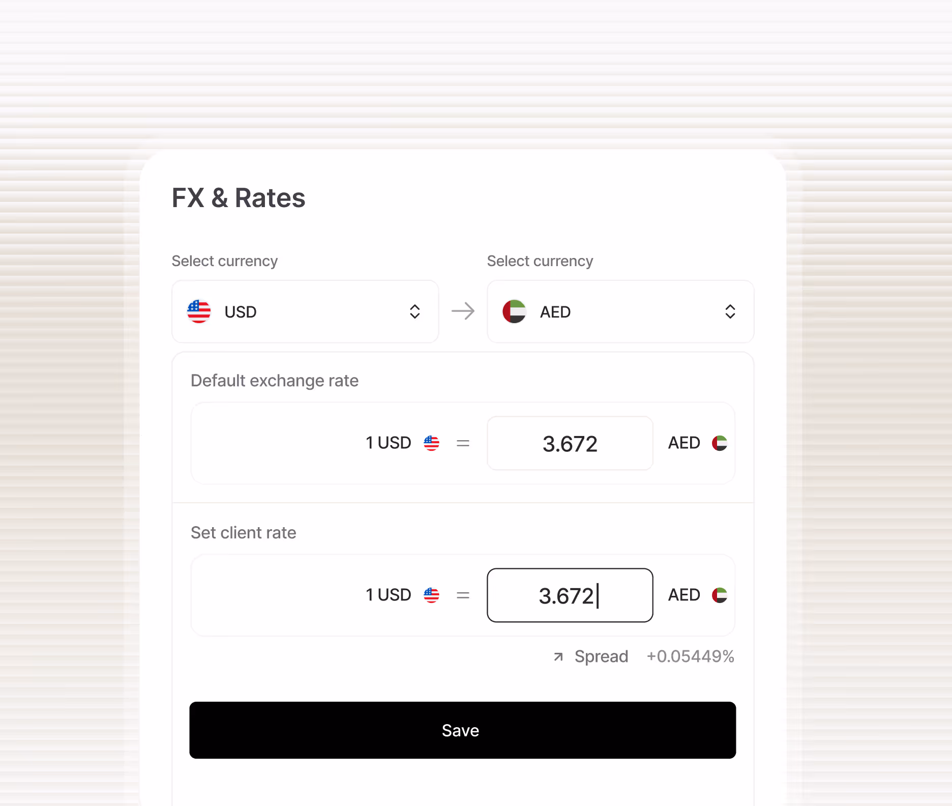 Currency exchange interface showing conversion from USD to AED with default and client exchange rates set at 3.672 AED per 1 USD and a spread of +0.05449%.