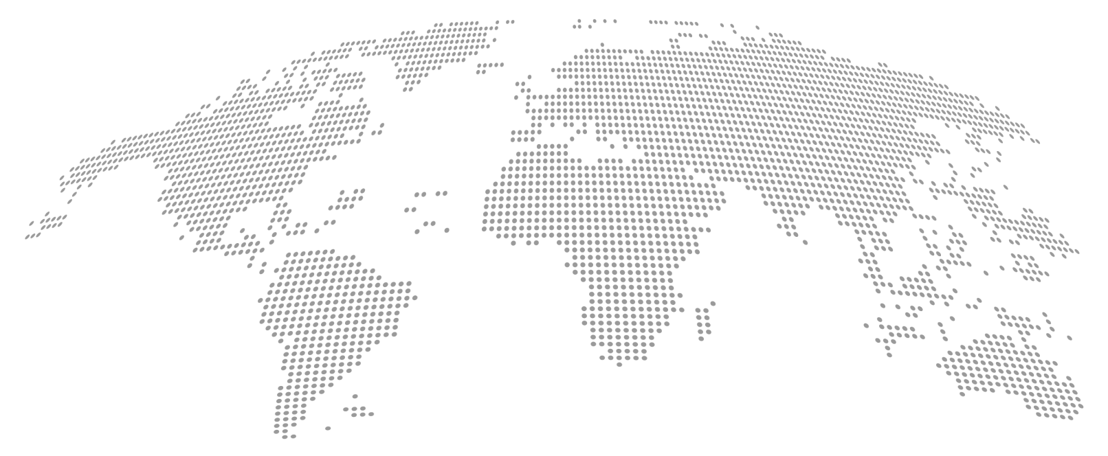 World map depicted with gray dots on a black background showing continents with a slight 3D curved perspective.