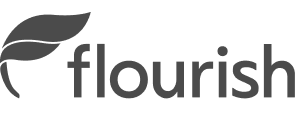 Flourish company logo featuring a stylized leaf icon and the word 'flourish' in lowercase letters.