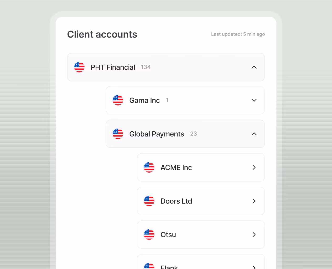 Client accounts list showing US-flagged companies including PHT Financial, Gama Inc, Global Payments, ACME Inc, Doors Ltd, and Otsu with account counts.