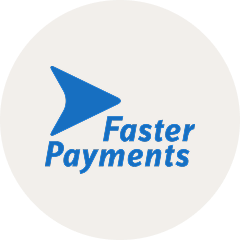Blue arrow pointing right next to the text 'Faster Payments' in blue.