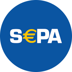 SEPA logo with the euro symbol used as the letter E on a blue circular background.