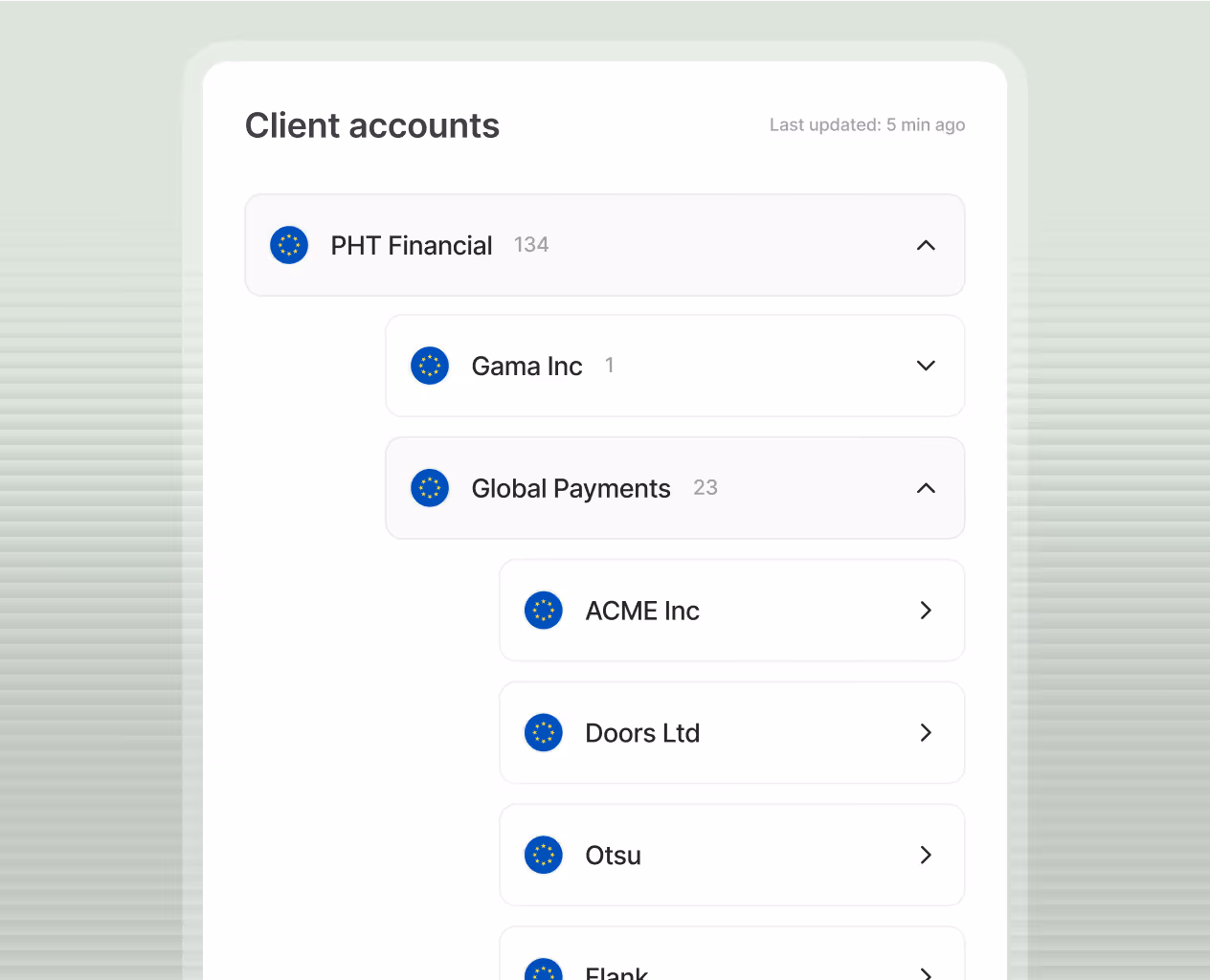 User interface showing expandable client accounts list with companies like PHT Financial, Gama Inc, Global Payments and its subsidiaries ACME Inc, Doors Ltd, Otsu, and Flank.