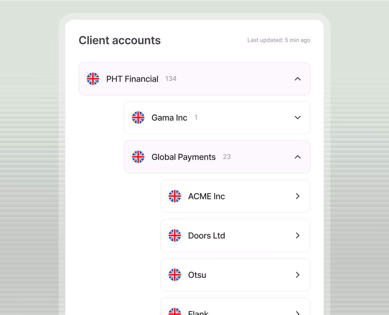 User interface showing a list of client accounts with UK flags, including PHT Financial, Gama Inc, Global Payments, ACME Inc, Doors Ltd, and Otsu, with account counts and expandable sections.