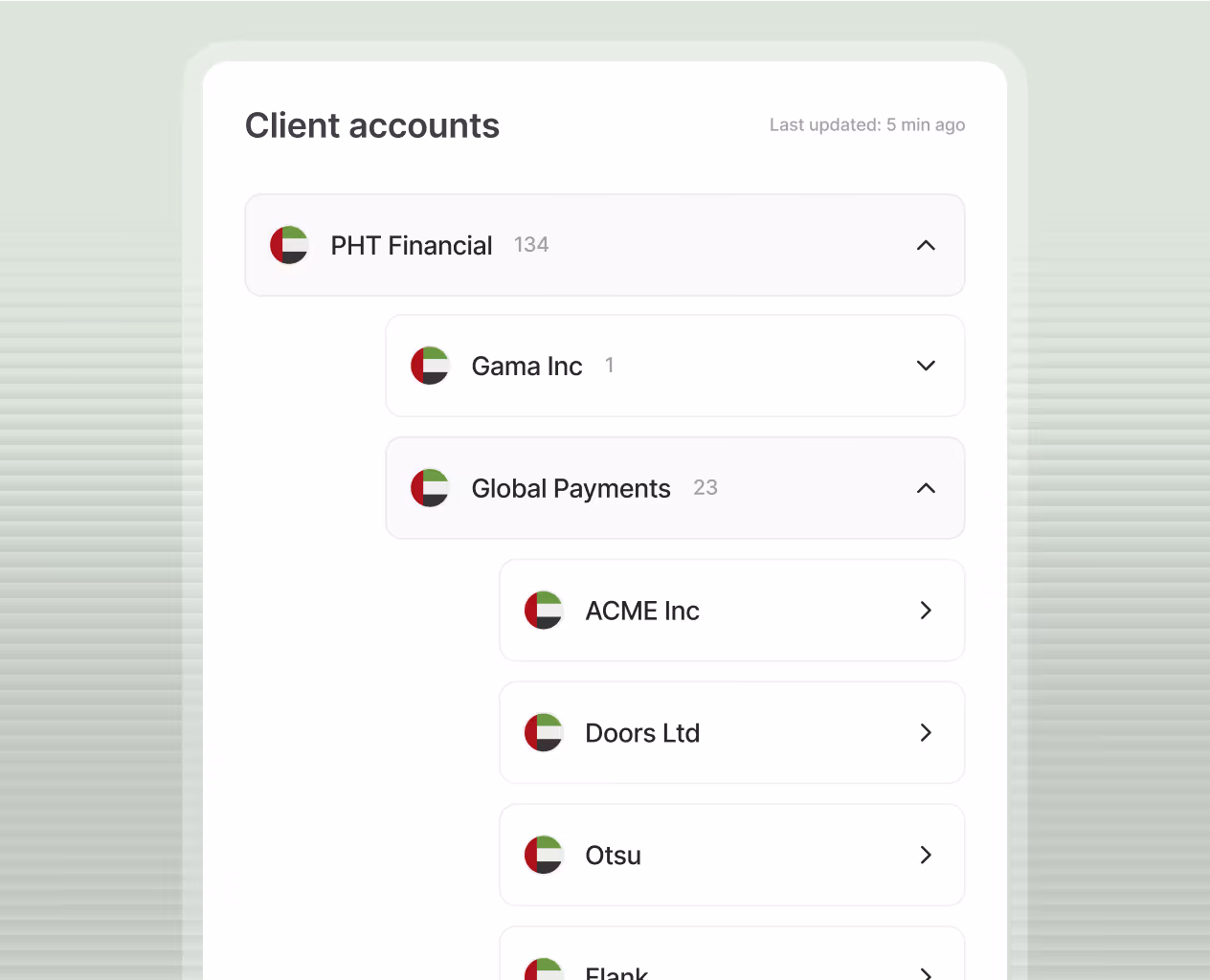 Client accounts list showing companies such as PHT Financial with 134, Gama Inc with 1, Global Payments with 23, and sub-accounts ACME Inc, Doors Ltd, Otsu, and Elank.