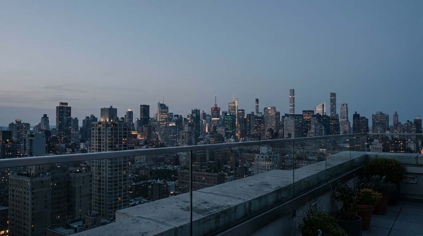 Manhattan rooftop terrace at dusk