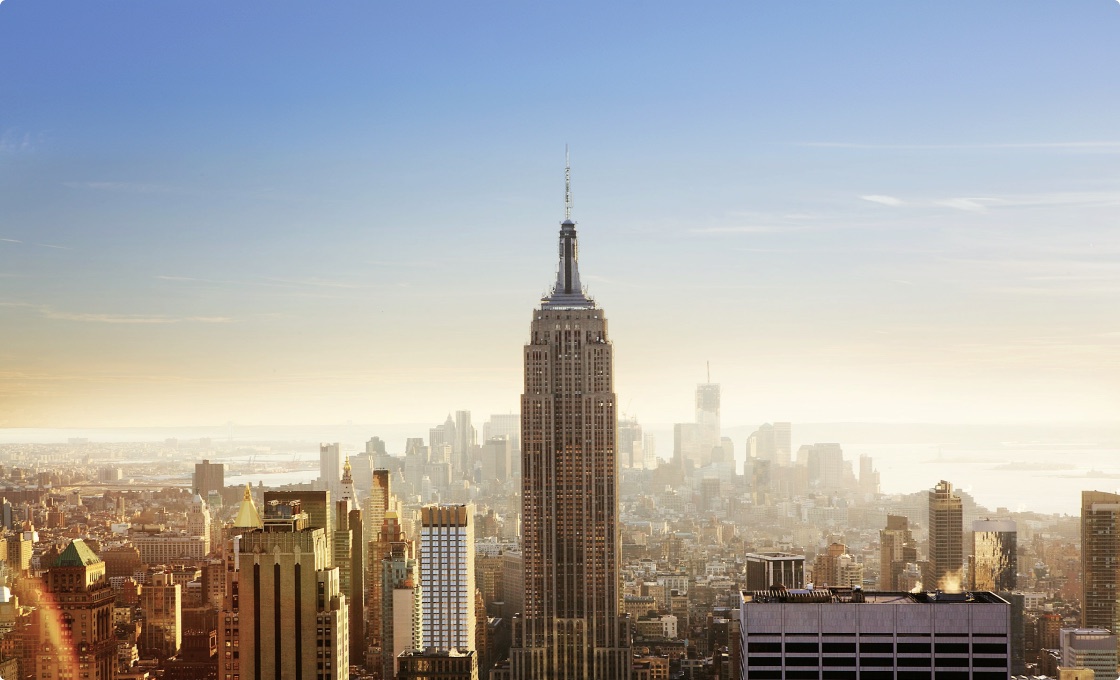 Panoramic view over the New York skyline at golden hour