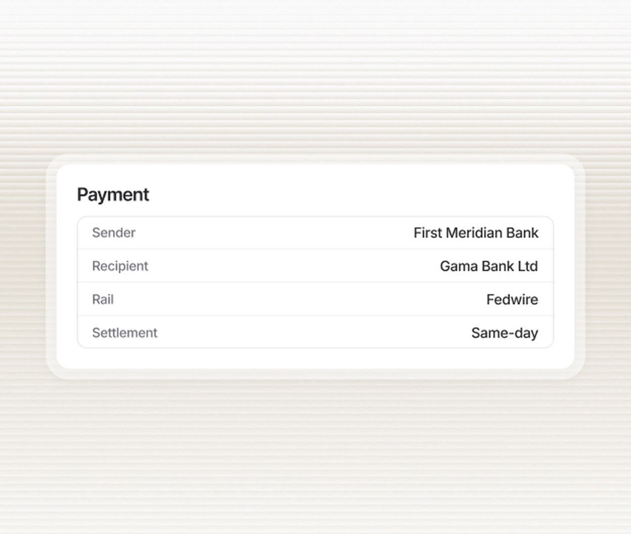 Payment detail showing sender First Meridian Bank, recipient Gama Bank Ltd, Fedwire rail and same-day settlement.