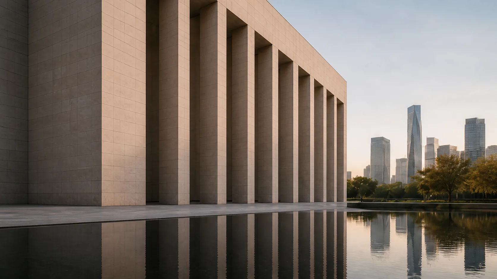 A colonnade of stone piers opening onto a city skyline at dusk