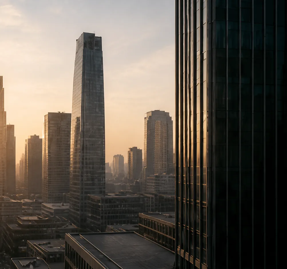 A city of towers at sunrise seen beside a dark glass facade