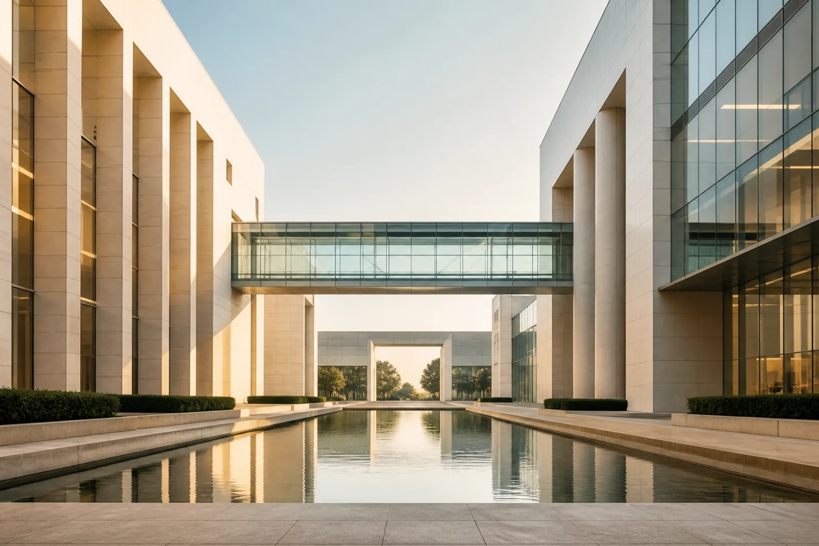 A glazed bridge spanning a reflecting pool between two buildings