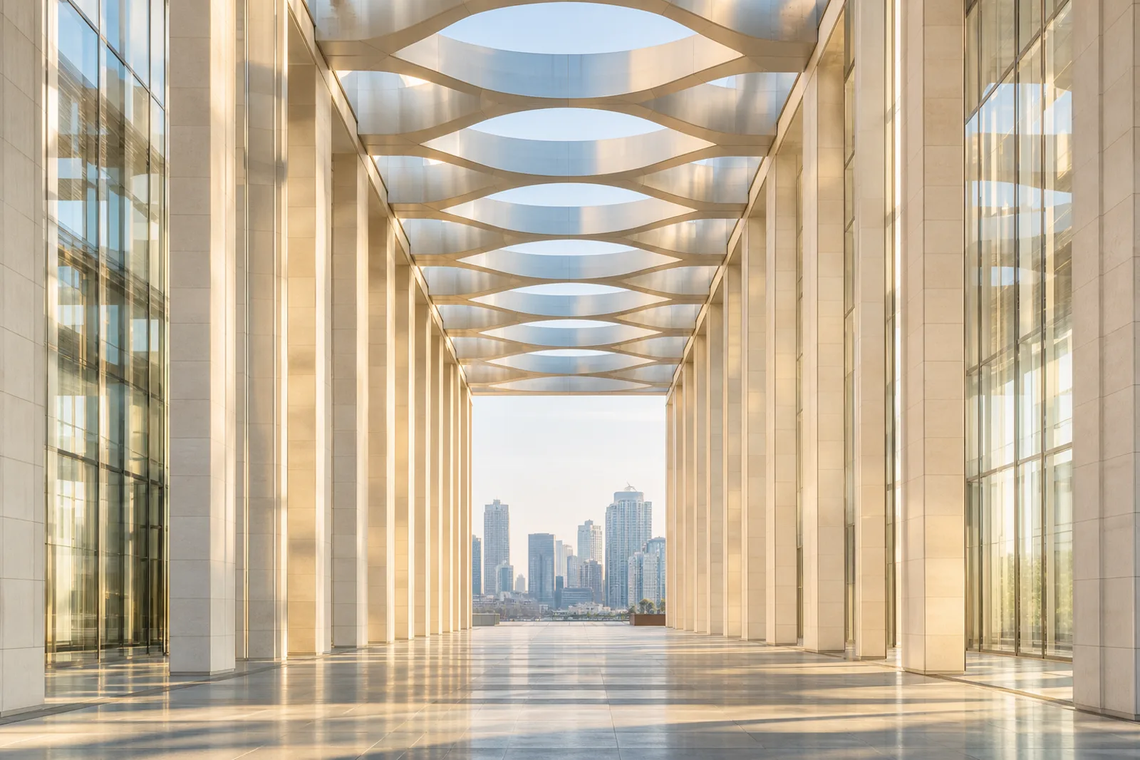 A sunlit colonnade with a city skyline beyond