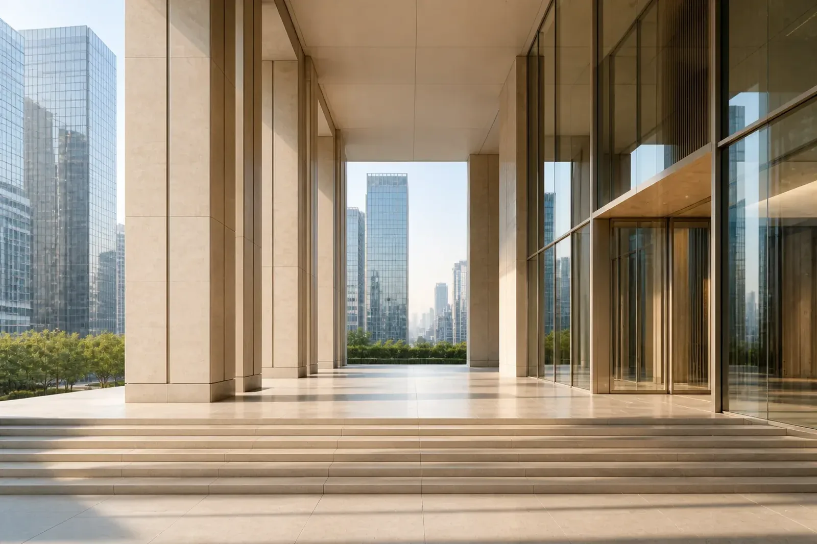 A bank lobby with stone columns and a glazed wall onto the city