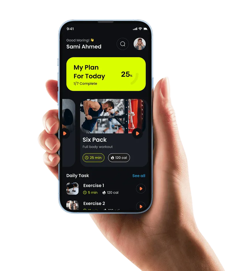 A hand holding a smartphone displaying a fitness app interface with a dark theme. The screen shows today’s fitness progress highlighted in a bright yellow box, workout session details with an image, and a daily streak tracker at the bottom.