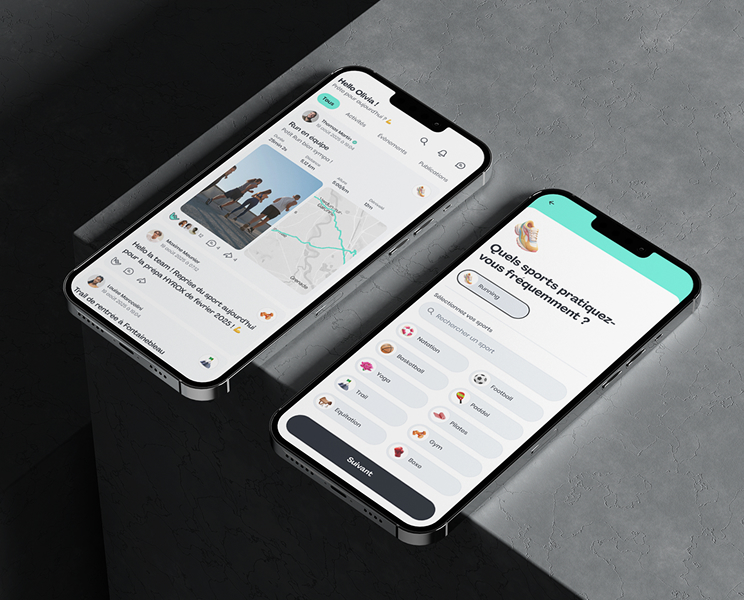 Deux smartphones affichant une application de fitness avec suivi d'entraînement et un questionnaire de préférence sportive.