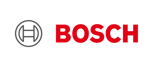 Bosch Firmenlogo in Rot neben einem grauen stilisierten Symbol.