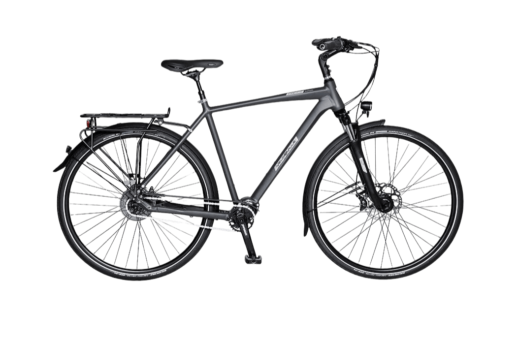 Modernes schwarzes Citybike mit Schutzblechen, Gepäckträger und Scheibenbremsen.