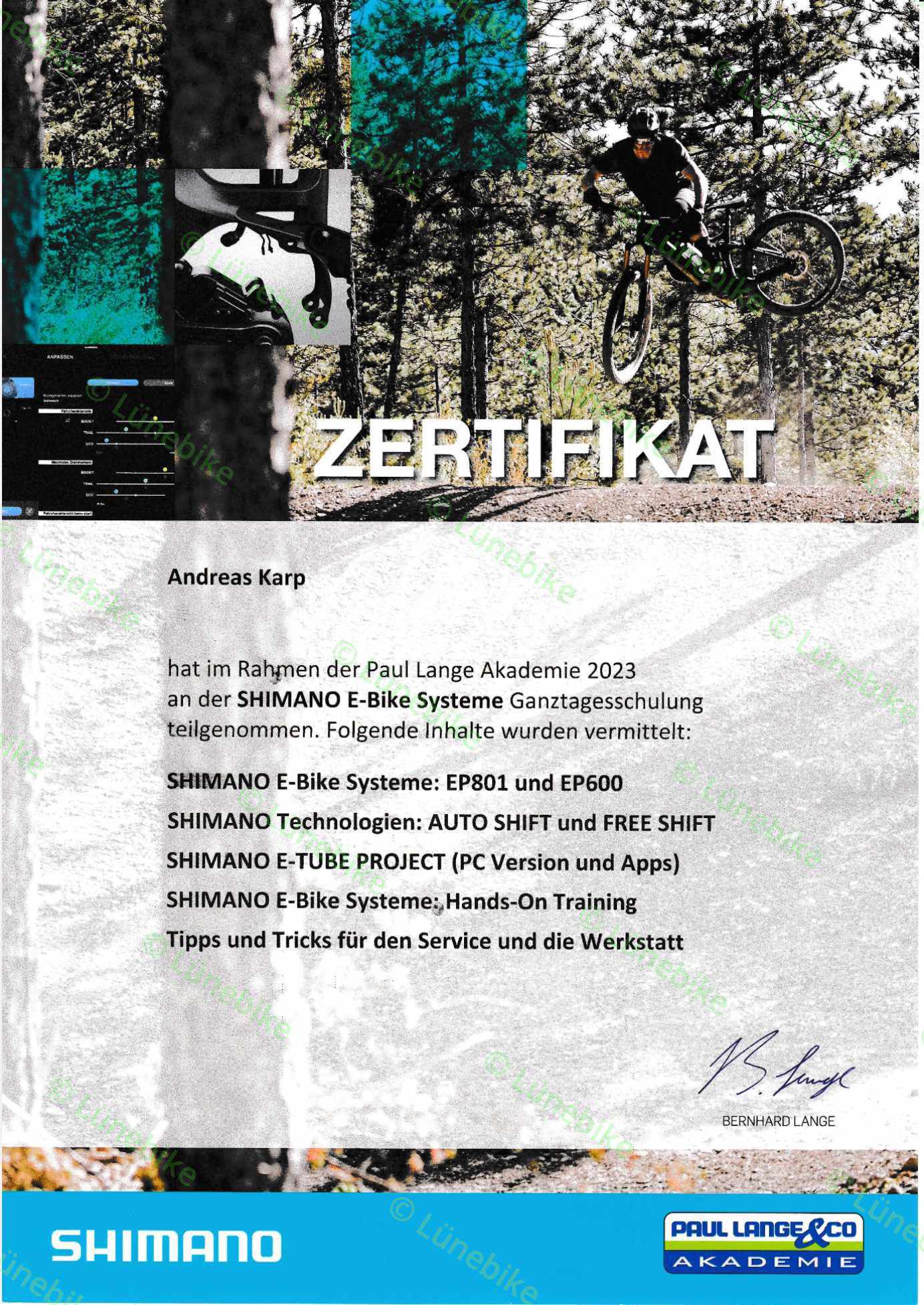 Zertifikat für Andreas Karp von der Paul Lange Akademie 2023 für Teilnahme an Shimano E-Bike Systeme Schulung mit Trainingsinhalten und Unterschrift von Bernhard Lange.