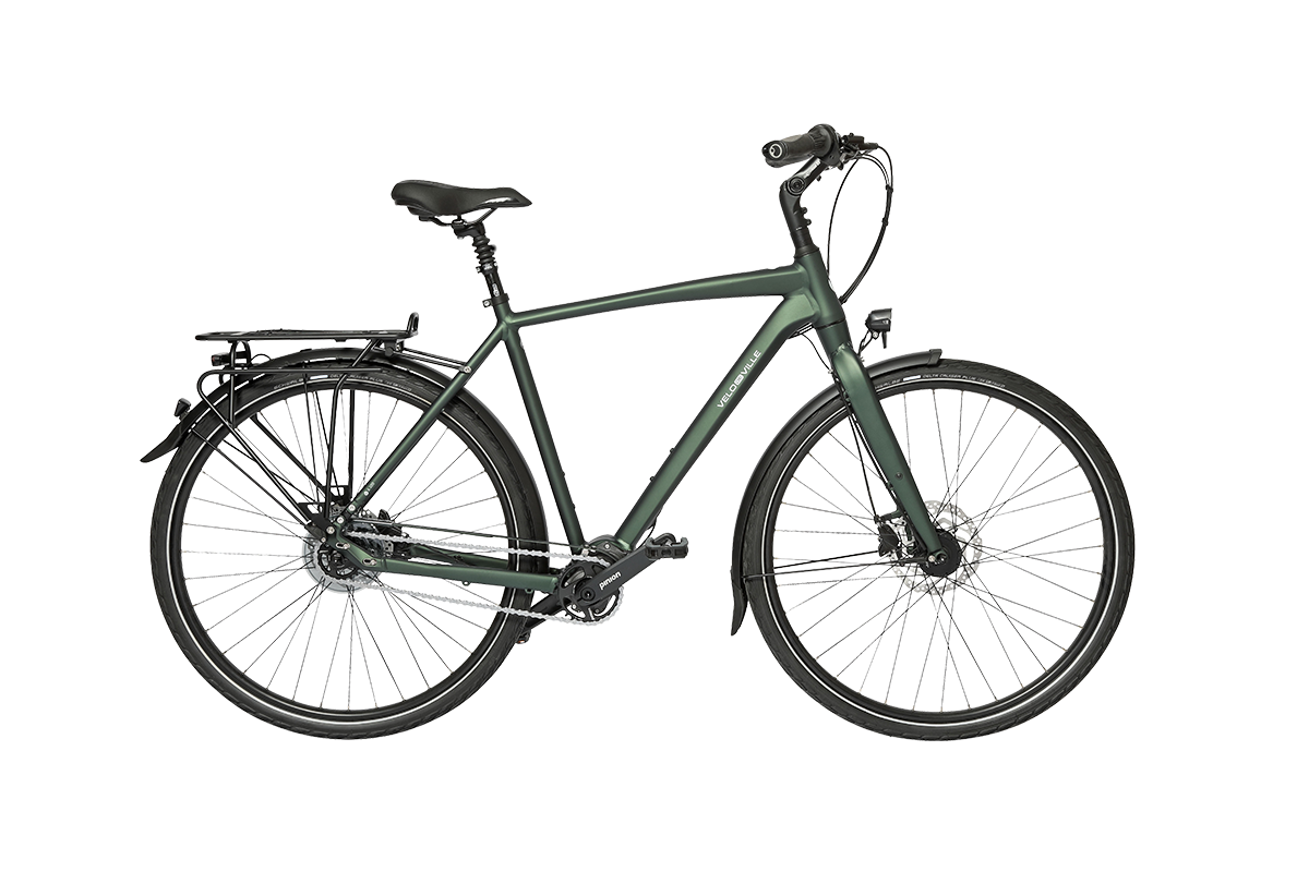 Modernes schwarzes Citybike mit Schutzblechen, Gepäckträger und Scheibenbremsen.