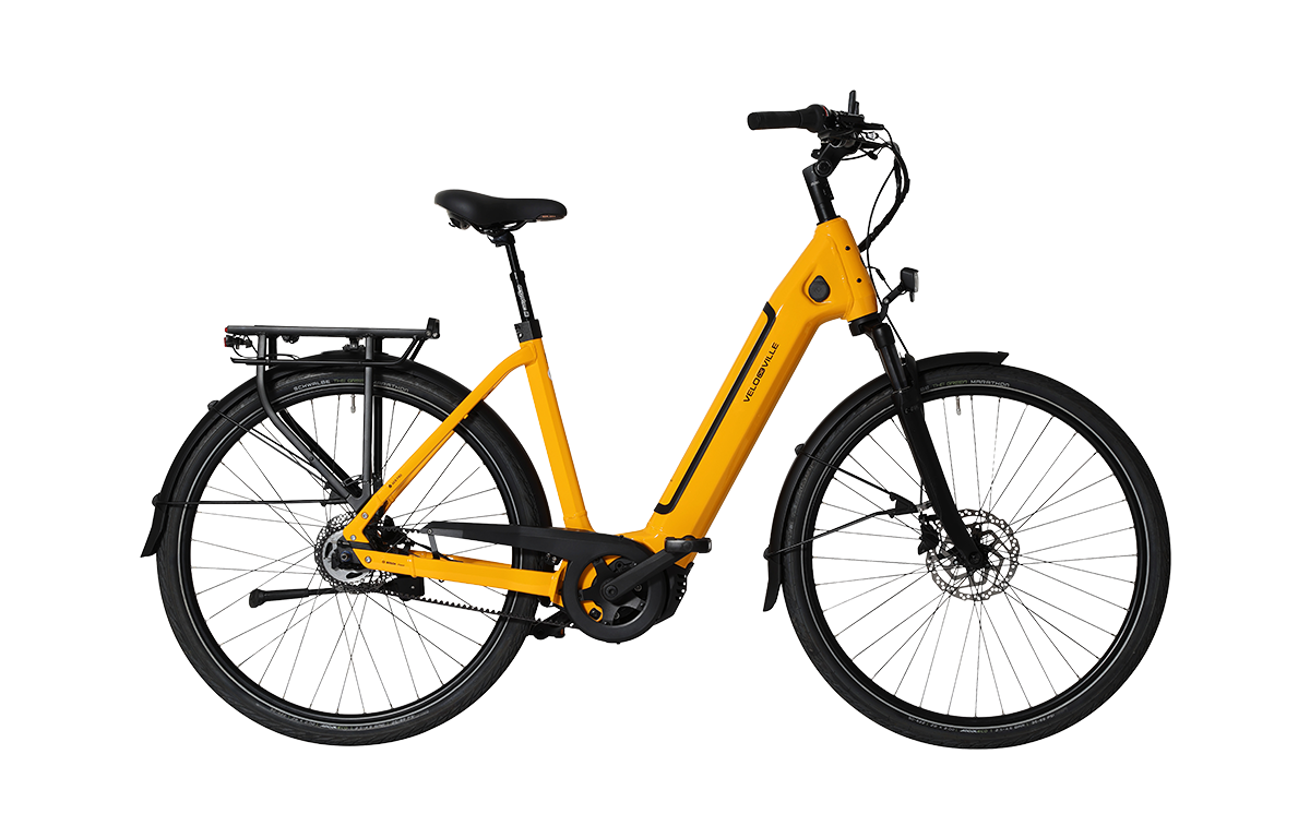 Grünes E-Bike mit tiefem Einstieg, Gepäckträger und Schutzblechen.