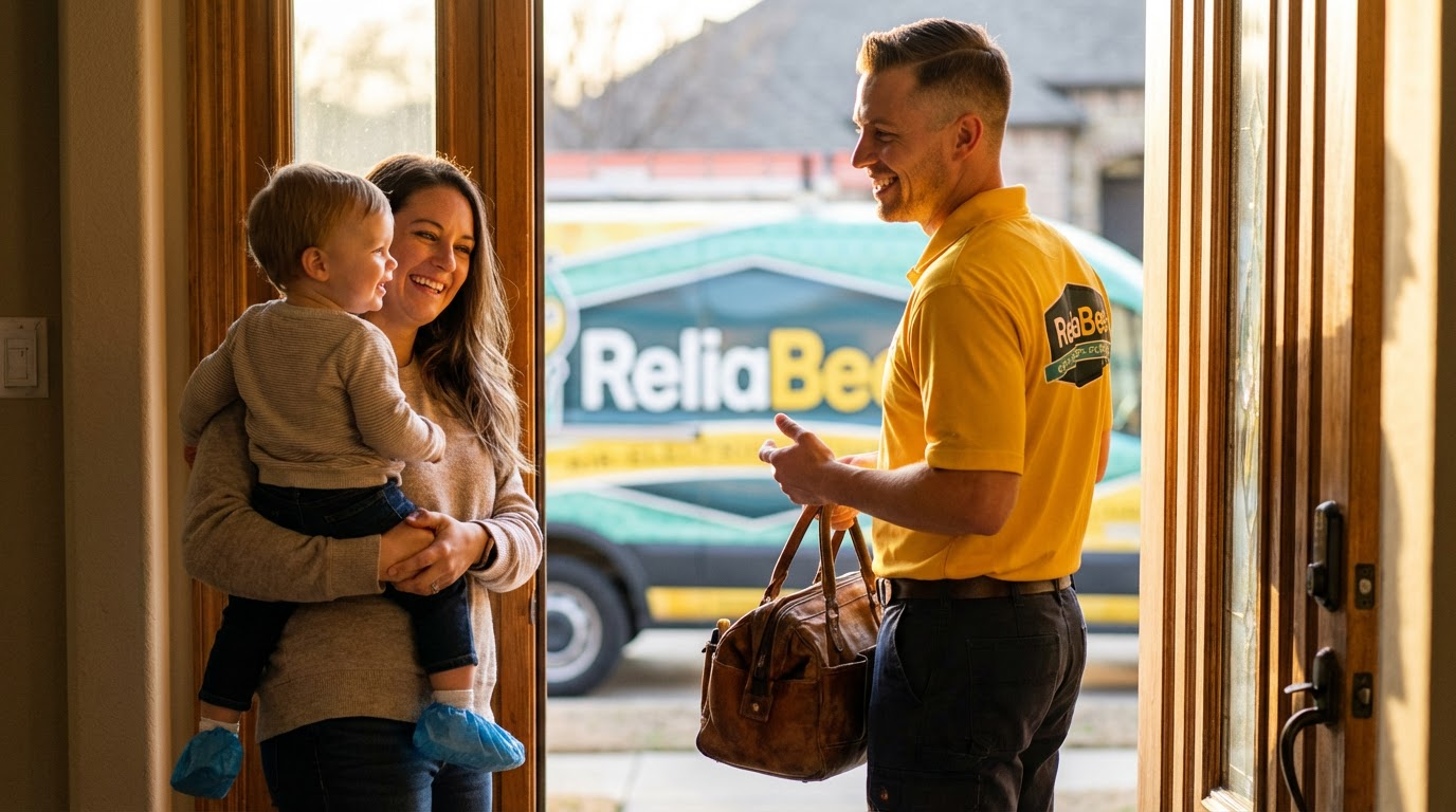 ReliaBee technician greeting a San Antonio homeowner with branded service van