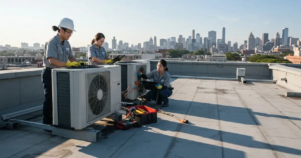 Three technicians work on rooftop HVAC units with tools scattered around. 