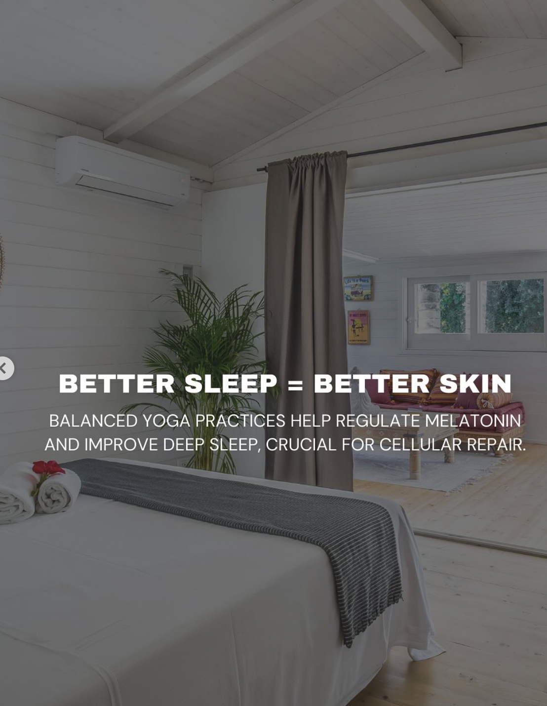 Smiling guest at Floripa Surf and Yoga Retreat in Sicily, radiating happiness and wellness with text overlay about natural glow and holistic care