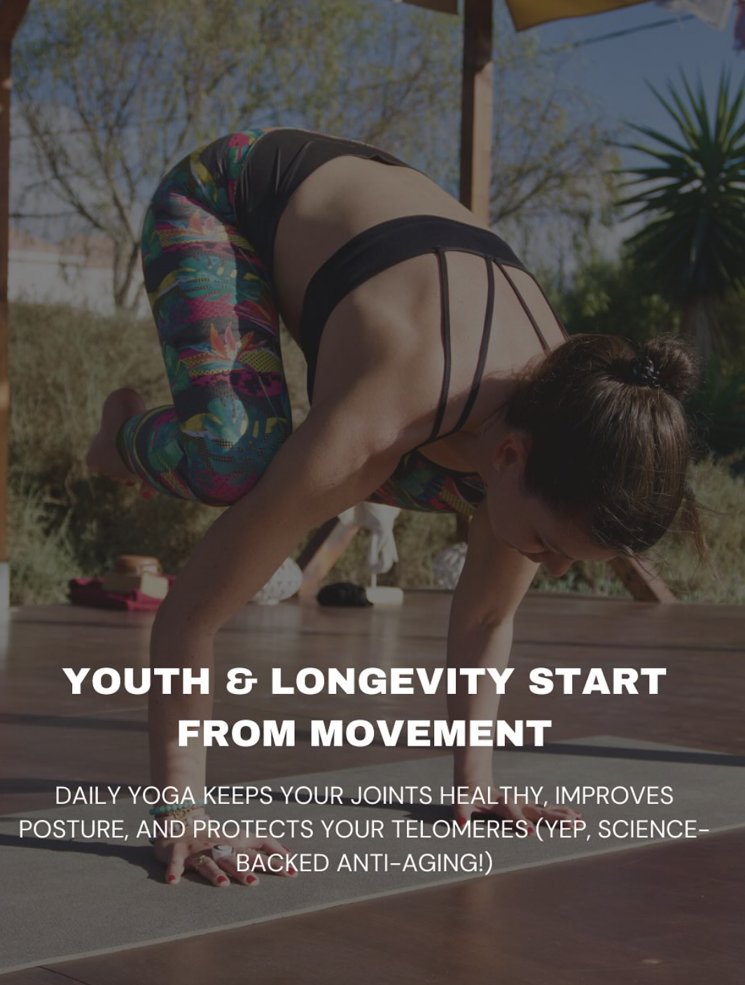 Smiling guest at Floripa Surf and Yoga Retreat in Sicily, radiating happiness and wellness with text overlay about natural glow and holistic care