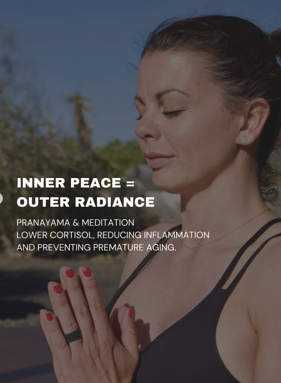 Smiling guest at Floripa Surf and Yoga Retreat in Sicily, radiating happiness and wellness with text overlay about natural glow and holistic care